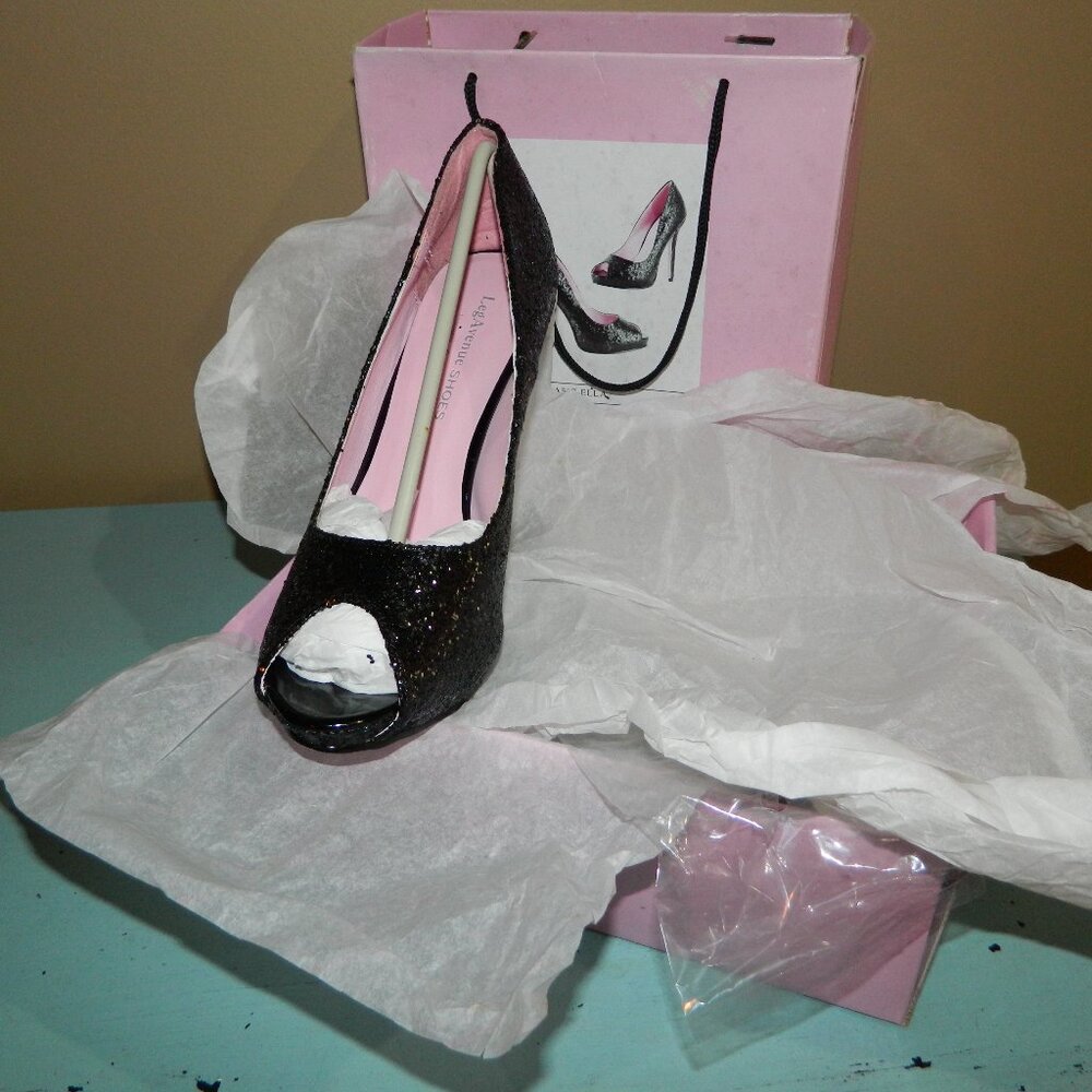 Leg Avenue 5" Open Toe Ella Glitter Pump Black Size 8